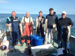 Anglers holding up several Codling